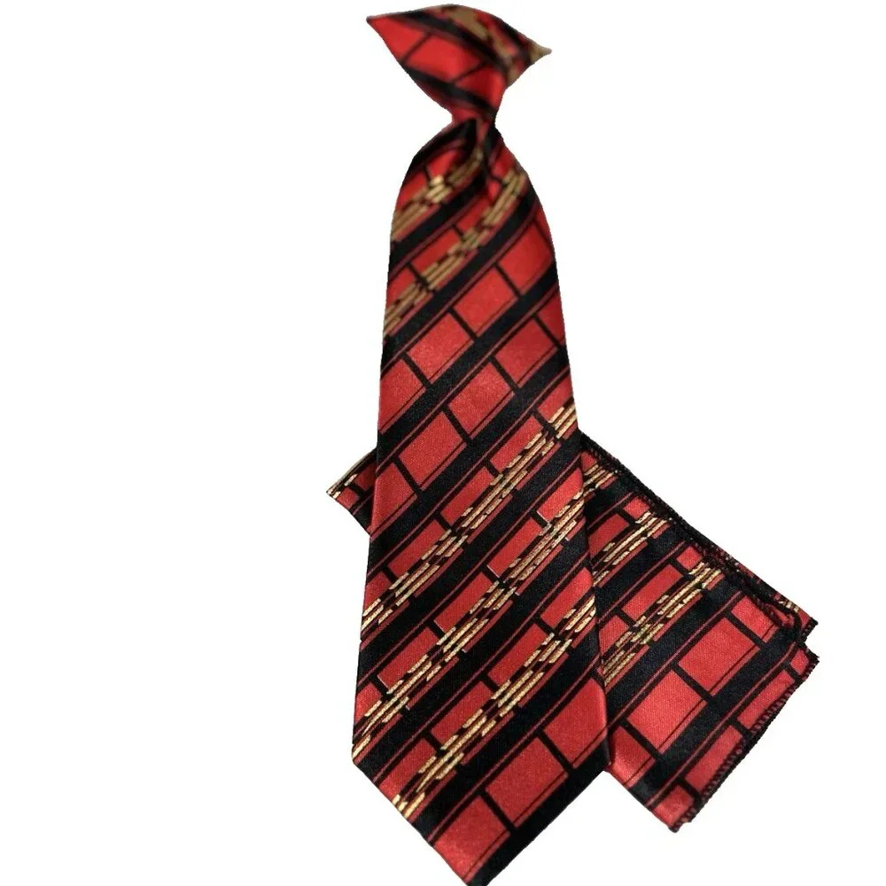 Karl Knox Boy's Clip-on Tie Hanky Set Gold Red Gold Black Polyester 8.5